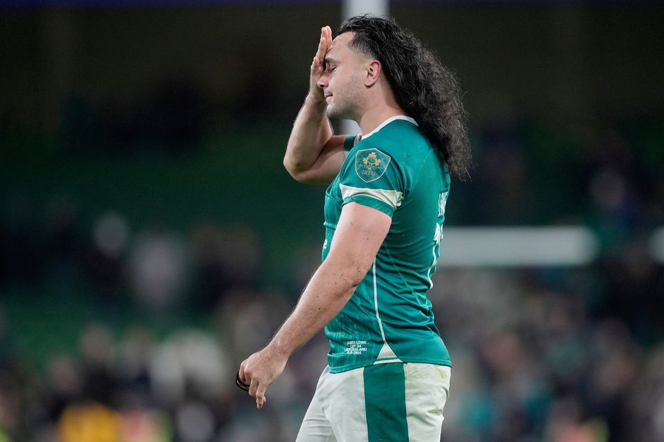 Ireland's James Lowe reacts after the Autumn international match at the Aviva Stadium in Dublin. Photo credit: Brian Lawless/PA Wire.